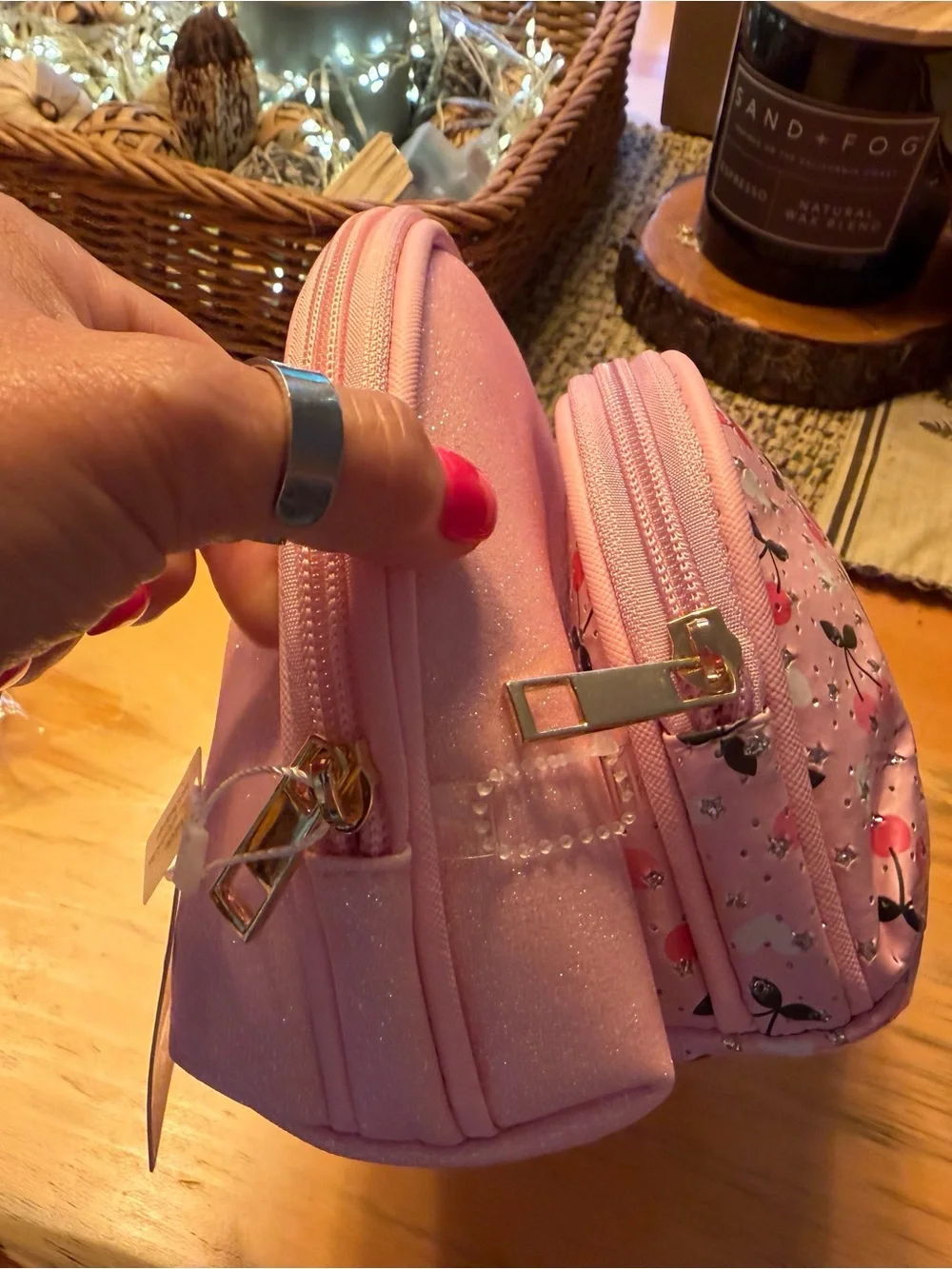 Pink Cherry Print Cosmetic Bag